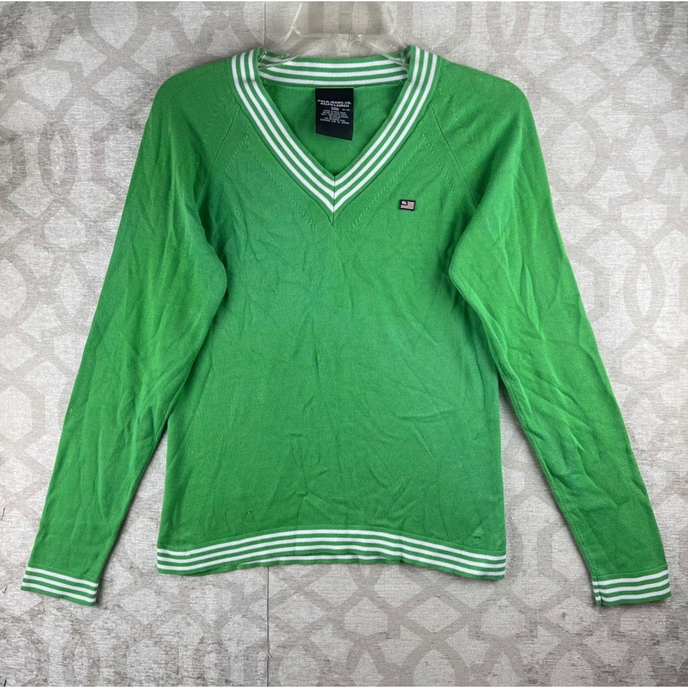 Polo Jeans Co Ralph Lauren Women M Green Striped V-Neck Cotton Sweater Logo